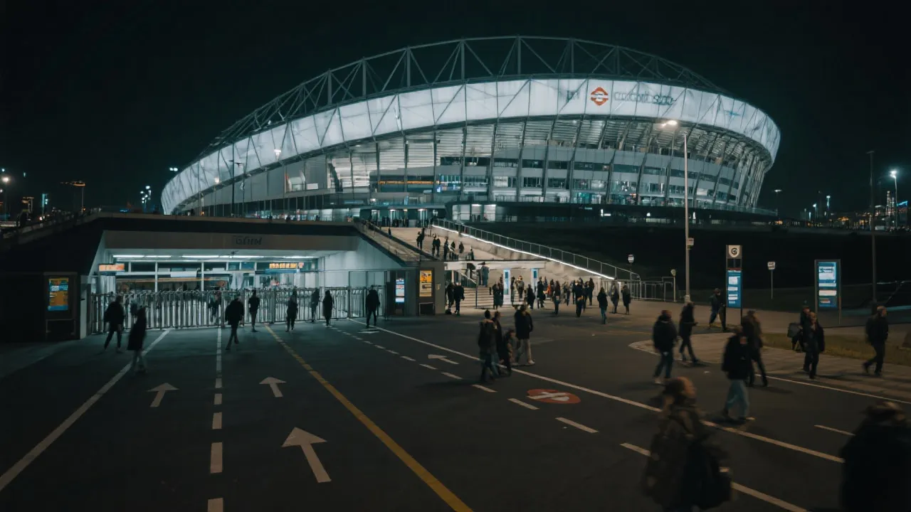 夜晚的现代足球场外观与人流动线示意，包含地铁口到入口的步行路线