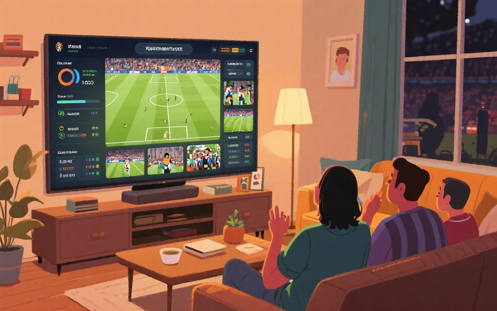 球迷在客厅用大屏观看超高清比赛并切换多视角与数据面板