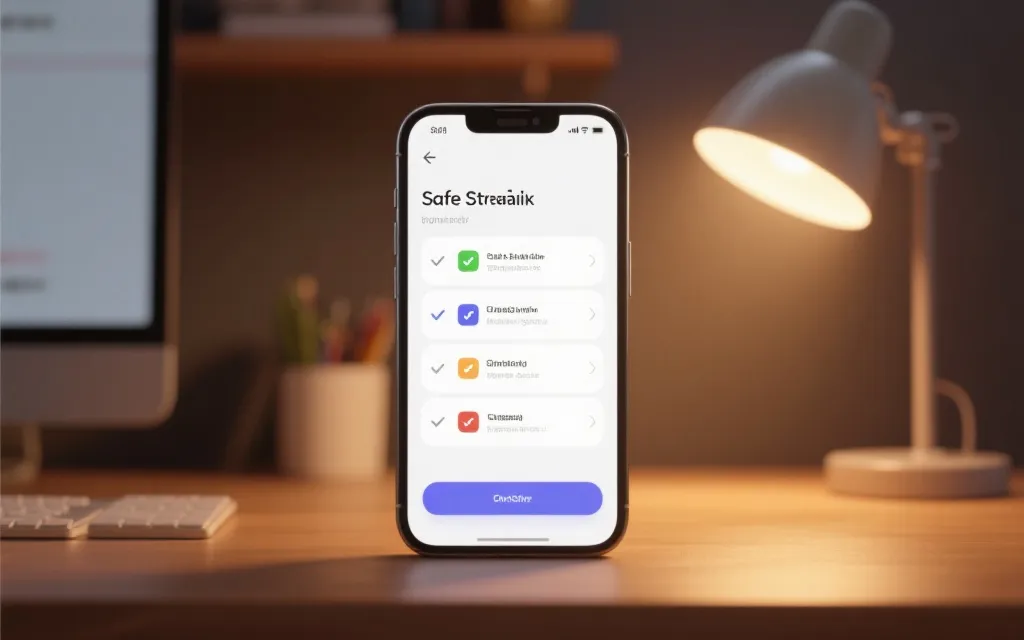 手机屏幕显示直播选择清单与安全检查步骤，简洁界面与勾选项