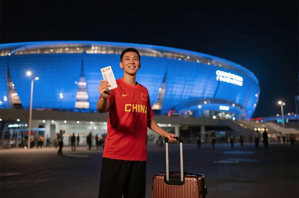 中国球迷在世界杯球场外打卡与旅行结合的北美行程氛围图